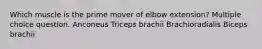 Which muscle is the prime mover of elbow extension? Multiple choice question. Anconeus Triceps brachii Brachioradialis Biceps brachii