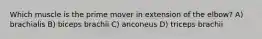 Which muscle is the prime mover in extension of the elbow? A) brachialis B) biceps brachii C) anconeus D) triceps brachii