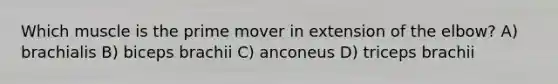 Which muscle is the prime mover in extension of the elbow? A) brachialis B) biceps brachii C) anconeus D) triceps brachii