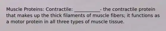 Muscle Proteins: Contractile: ___________- the contractile protein that makes up the thick filaments of muscle fibers; it functions as a motor protein in all three types of muscle tissue.