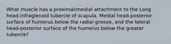 What muscle has a proximal/medial attachment to the Long head-infraglenoid tubercle of scapula, Medial head-posterior surface of humerus below the radial groove, and the lateral head-posterior surface of the humerus below the greater tubercle?