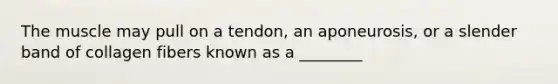 The muscle may pull on a tendon, an aponeurosis, or a slender band of collagen fibers known as a ________