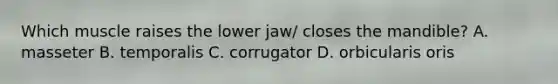 Which muscle raises the lower jaw/ closes the mandible? A. masseter B. temporalis C. corrugator D. orbicularis oris