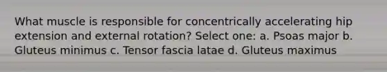 What muscle is responsible for concentrically accelerating hip extension and external rotation? Select one: a. Psoas major b. Gluteus minimus c. Tensor fascia latae d. Gluteus maximus