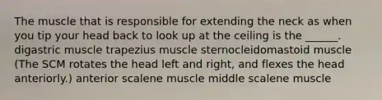 The muscle that is responsible for extending the neck as when you tip your head back to look up at the ceiling is the ______. digastric muscle trapezius muscle sternocleidomastoid muscle (The SCM rotates the head left and right, and flexes the head anteriorly.) anterior scalene muscle middle scalene muscle