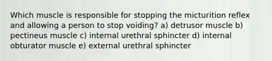 Which muscle is responsible for stopping the micturition reflex and allowing a person to stop voiding? a) detrusor muscle b) pectineus muscle c) internal urethral sphincter d) internal obturator muscle e) external urethral sphincter