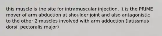 this muscle is the site for intramuscular injection, it is the PRIME mover of arm abduction at shoulder joint and also antagonistic to the other 2 muscles involved with arm adduction (latissmus dorsi, pectoralis major)