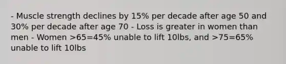 - Muscle strength declines by 15% per decade after age 50 and 30% per decade after age 70 - Loss is greater in women than men - Women >65=45% unable to lift 10lbs, and >75=65% unable to lift 10lbs