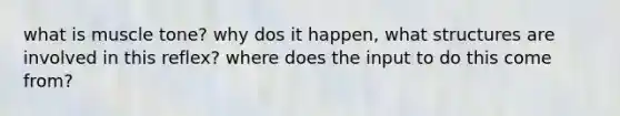 what is muscle tone? why dos it happen, what structures are involved in this reflex? where does the input to do this come from?