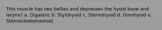 This muscle has two bellies and depresses the hyoid bone and larynx? a. Digastric b. Stylohyoid c. Sternohyoid d. Omohyoid e. Sternocleidomastoid