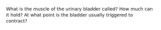 What is the muscle of the urinary bladder called? How much can it hold? At what point is the bladder usually triggered to contract?