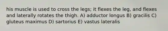 his muscle is used to cross the legs; it flexes the leg, and flexes and laterally rotates the thigh. A) adductor longus B) gracilis C) gluteus maximus D) sartorius E) vastus lateralis