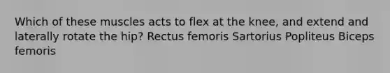 Which of these muscles acts to flex at the knee, and extend and laterally rotate the hip? Rectus femoris Sartorius Popliteus Biceps femoris