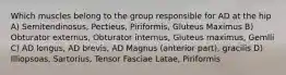 Which muscles belong to the group responsible for AD at the hip A) Semitendinosus, Pectieus, Piriformis, Gluteus Maximus B) Obturator externus, Obturator internus, Gluteus maximus, Gemlli C) AD longus, AD brevis, AD Magnus (anterior part), gracilis D) Illiopsoas, Sartorius, Tensor Fasciae Latae, Piriformis