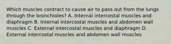 Which muscles contract to cause air to pass out from the lungs through the bronchioles? A. Internal intercostal muscles and diaphragm B. Internal intercostal muscles and abdomen wall muscles C. External intercostal muscles and diaphragm D. External intercostal muscles and abdomen wall muscles