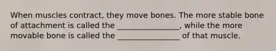 When muscles contract, they move bones. The more stable bone of attachment is called the ________________, while the more movable bone is called the ________________ of that muscle.