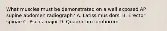 What muscles must be demonstrated on a well exposed AP supine abdomen radiograph? A. Latissimus dorsi B. Erector spinae C. Psoas major D. Quadratum lumborum