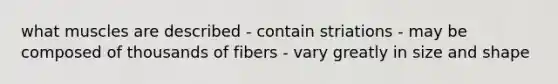 what muscles are described - contain striations - may be composed of thousands of fibers - vary greatly in size and shape