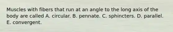 Muscles with fibers that run at an angle to the long axis of the body are called A. circular. B. pennate. C. sphincters. D. parallel. E. convergent.