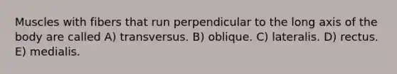 Muscles with fibers that run perpendicular to the long axis of the body are called A) transversus. B) oblique. C) lateralis. D) rectus. E) medialis.