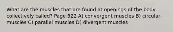 What are the muscles that are found at openings of the body collectively called? Page 322 A) convergent muscles B) circular muscles C) parallel muscles D) divergent muscles