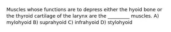 Muscles whose functions are to depress either the <a href='https://www.questionai.com/knowledge/kVV1acPC4Z-hyoid-bone' class='anchor-knowledge'>hyoid bone</a> or the thyroid cartilage of the larynx are the _________ muscles. A) mylohyoid B) suprahyoid C) infrahyoid D) stylohyoid