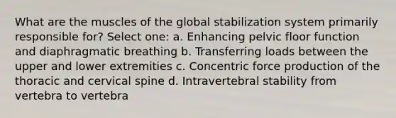 What are the muscles of the global stabilization system primarily responsible for? Select one: a. Enhancing pelvic floor function and diaphragmatic breathing b. Transferring loads between the upper and lower extremities c. Concentric force production of the thoracic and cervical spine d. Intravertebral stability from vertebra to vertebra