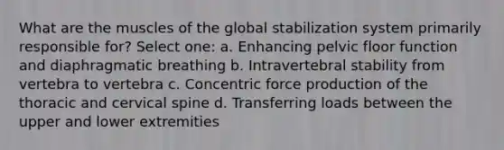 What are the muscles of the global stabilization system primarily responsible for? Select one: a. Enhancing pelvic floor function and diaphragmatic breathing b. Intravertebral stability from vertebra to vertebra c. Concentric force production of the thoracic and cervical spine d. Transferring loads between the upper and lower extremities