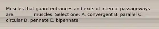 Muscles that guard entrances and exits of internal passageways are ________ muscles. Select one: A. convergent B. parallel C. circular D. pennate E. bipennate