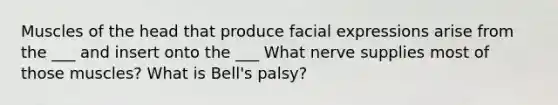 Muscles of the head that produce facial expressions arise from the ___ and insert onto the ___ What nerve supplies most of those muscles? What is Bell's palsy?