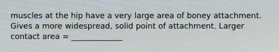 muscles at the hip have a very large area of boney attachment. Gives a more widespread, solid point of attachment. Larger contact area = _____________