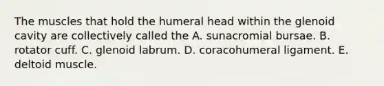 The muscles that hold the humeral head within the glenoid cavity are collectively called the A. sunacromial bursae. B. rotator cuff. C. glenoid labrum. D. coracohumeral ligament. E. deltoid muscle.