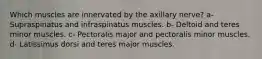 Which muscles are innervated by the axillary nerve? a- Supraspinatus and infraspinatus muscles. b- Deltoid and teres minor muscles. c- Pectoralis major and pectoralis minor muscles. d- Latissimus dorsi and teres major muscles.