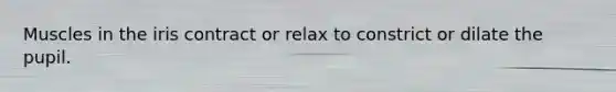 Muscles in the iris contract or relax to constrict or dilate the pupil.