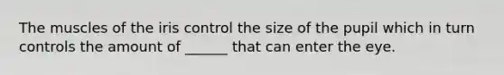 The muscles of the iris control the size of the pupil which in turn controls the amount of ______ that can enter the eye.