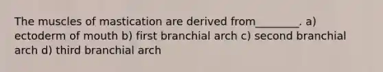 The muscles of mastication are derived from________. a) ectoderm of mouth b) first branchial arch c) second branchial arch d) third branchial arch