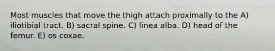 Most muscles that move the thigh attach proximally to the A) iliotibial tract. B) sacral spine. C) linea alba. D) head of the femur. E) os coxae.