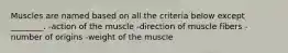 Muscles are named based on all the criteria below except ________. -action of the muscle -direction of muscle fibers -number of origins -weight of the muscle