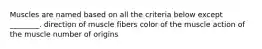 Muscles are named based on all the criteria below except ________. direction of muscle fibers color of the muscle action of the muscle number of origins