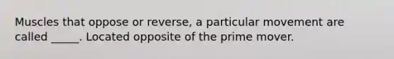 Muscles that oppose or reverse, a particular movement are called _____. Located opposite of the prime mover.
