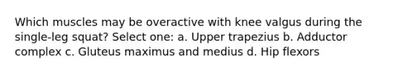 Which muscles may be overactive with knee valgus during the single-leg squat? Select one: a. Upper trapezius b. Adductor complex c. Gluteus maximus and medius d. Hip flexors