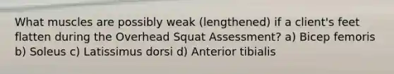 What muscles are possibly weak (lengthened) if a client's feet flatten during the Overhead Squat Assessment? a) Bicep femoris b) Soleus c) Latissimus dorsi d) Anterior tibialis