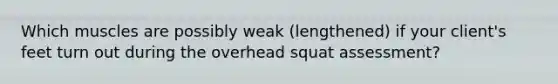 Which muscles are possibly weak (lengthened) if your client's feet turn out during the overhead squat assessment?