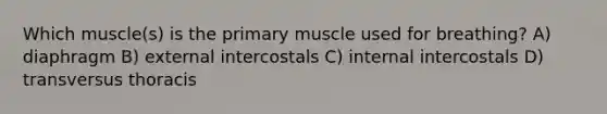 Which muscle(s) is the primary muscle used for breathing? A) diaphragm B) external intercostals C) internal intercostals D) transversus thoracis