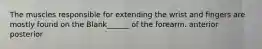 The muscles responsible for extending the wrist and fingers are mostly found on the Blank______ of the forearm. anterior posterior