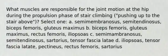 What muscles are responsible for the joint motion at the hip during the propulsion phase of stair climbing ("pushing up to the stair above")? Select one: a. semimembranosus, semitendinosus, biceps femoris, gluteus maximus b. biceps femoris, gluteus maximus, rectus femoris, iliopsoas c. semimambranosus, semitendinosus, sartorius, tensor fascia latae d. iliopsoas, tensor fascia latate, pectineus, rectus femoris, sartorius