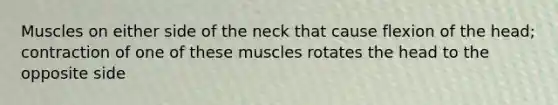 Muscles on either side of the neck that cause flexion of the head; contraction of one of these muscles rotates the head to the opposite side