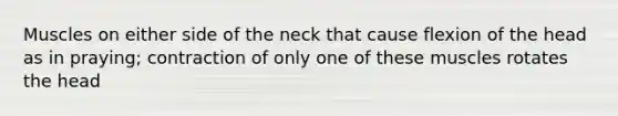 Muscles on either side of the neck that cause flexion of the head as in praying; contraction of only one of these muscles rotates the head