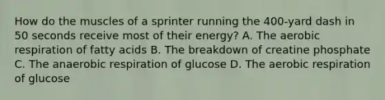 How do the muscles of a sprinter running the 400-yard dash in 50 seconds receive most of their energy? A. The aerobic respiration of fatty acids B. The breakdown of creatine phosphate C. The anaerobic respiration of glucose D. The aerobic respiration of glucose