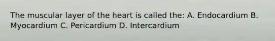 The muscular layer of <a href='https://www.questionai.com/knowledge/kya8ocqc6o-the-heart' class='anchor-knowledge'>the heart</a> is called the: A. Endocardium B. Myocardium C. Pericardium D. Intercardium